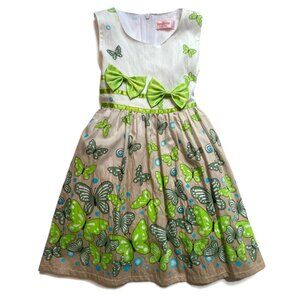 Sunboree Girl Green & White Butterfly Dress Size 4/5Y Spring Summer Cotton